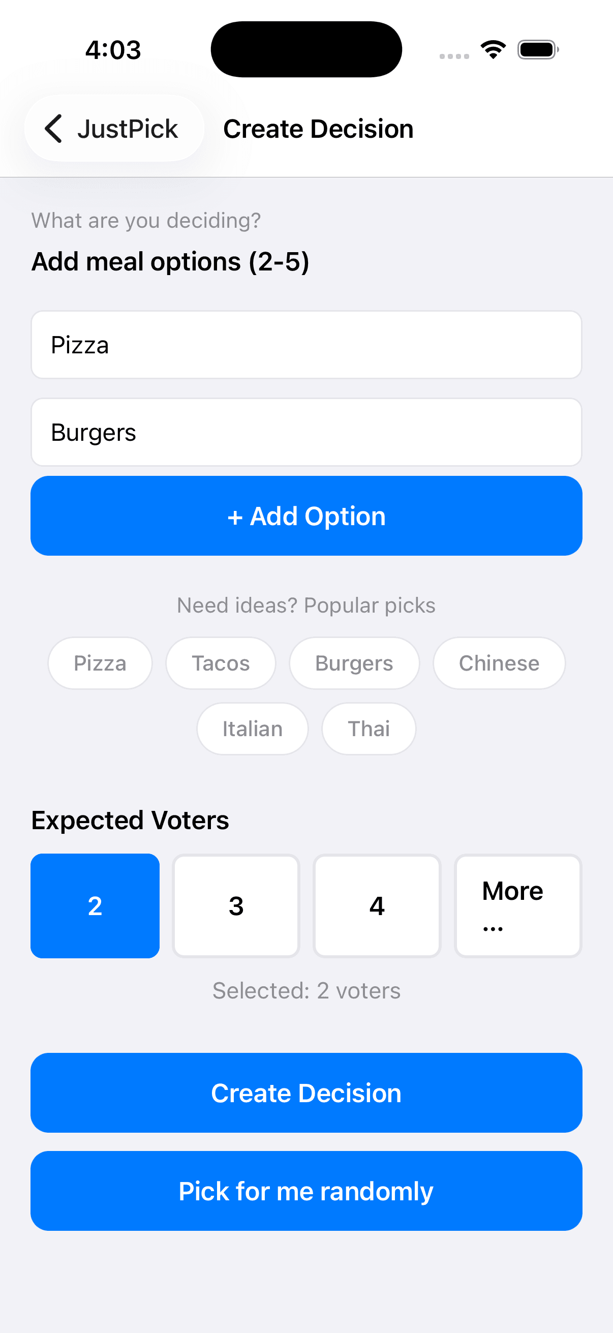 Create a decision in JustPick